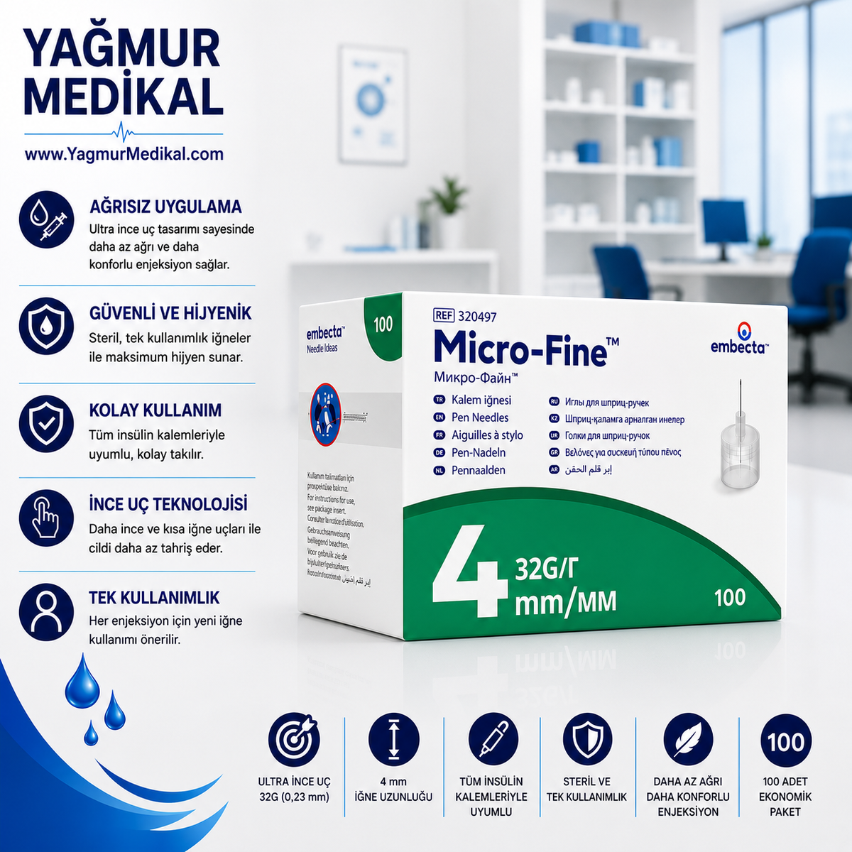BD Micro-Fine Plus 4 mm 32G İnsülin Kalem İğnesi (100 Adet)