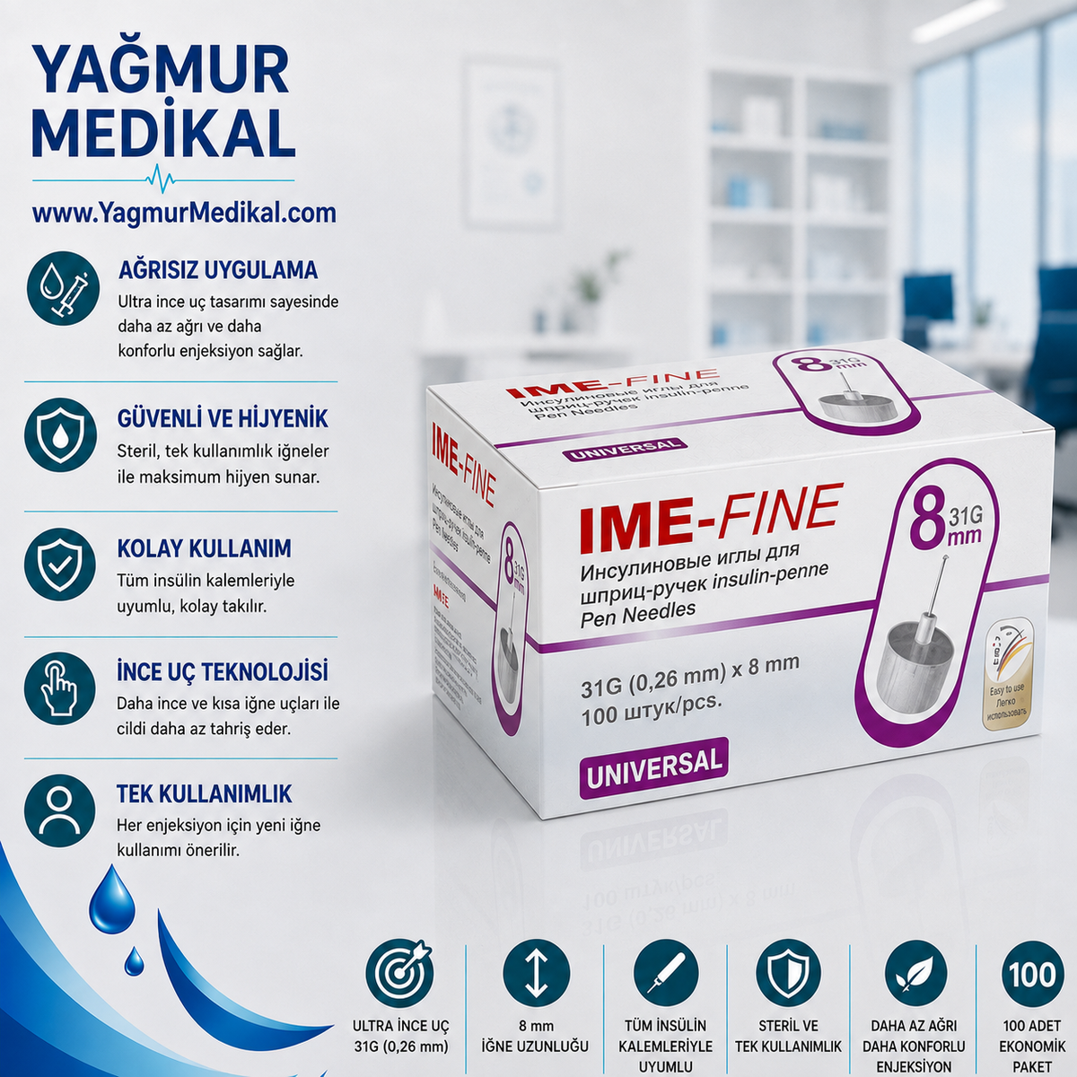 IME-FINE İnsülin Kalem İğne Ucu 8 mm 31G