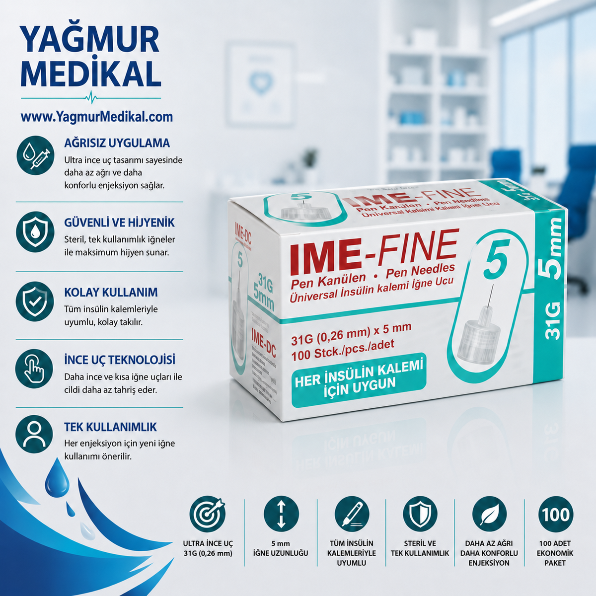 IME-FINE İnsülin Kalem İğne Ucu 5 mm 31G