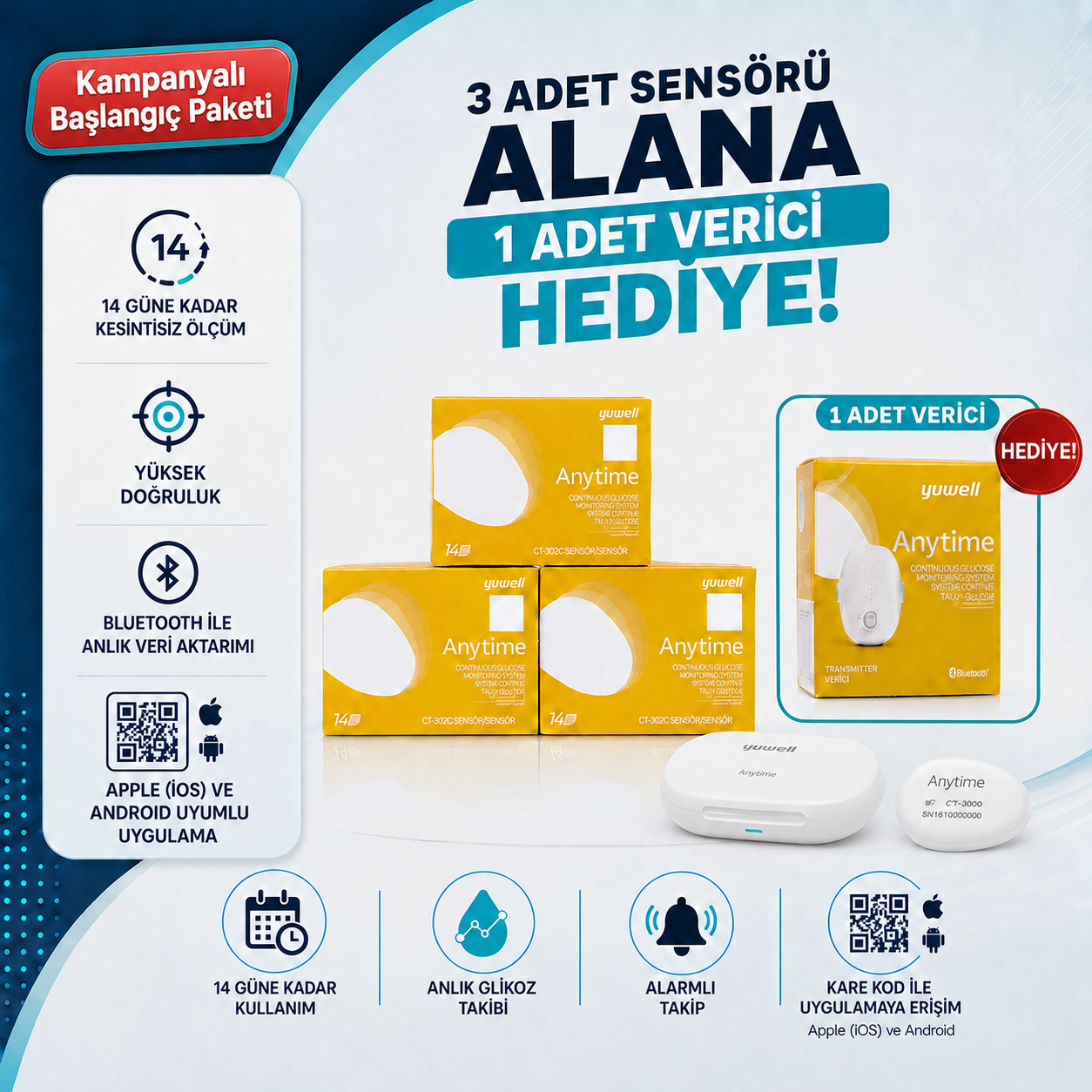 Anytime CT3 şeker ölçüm sensörü kampanyalı başlangıç paketi