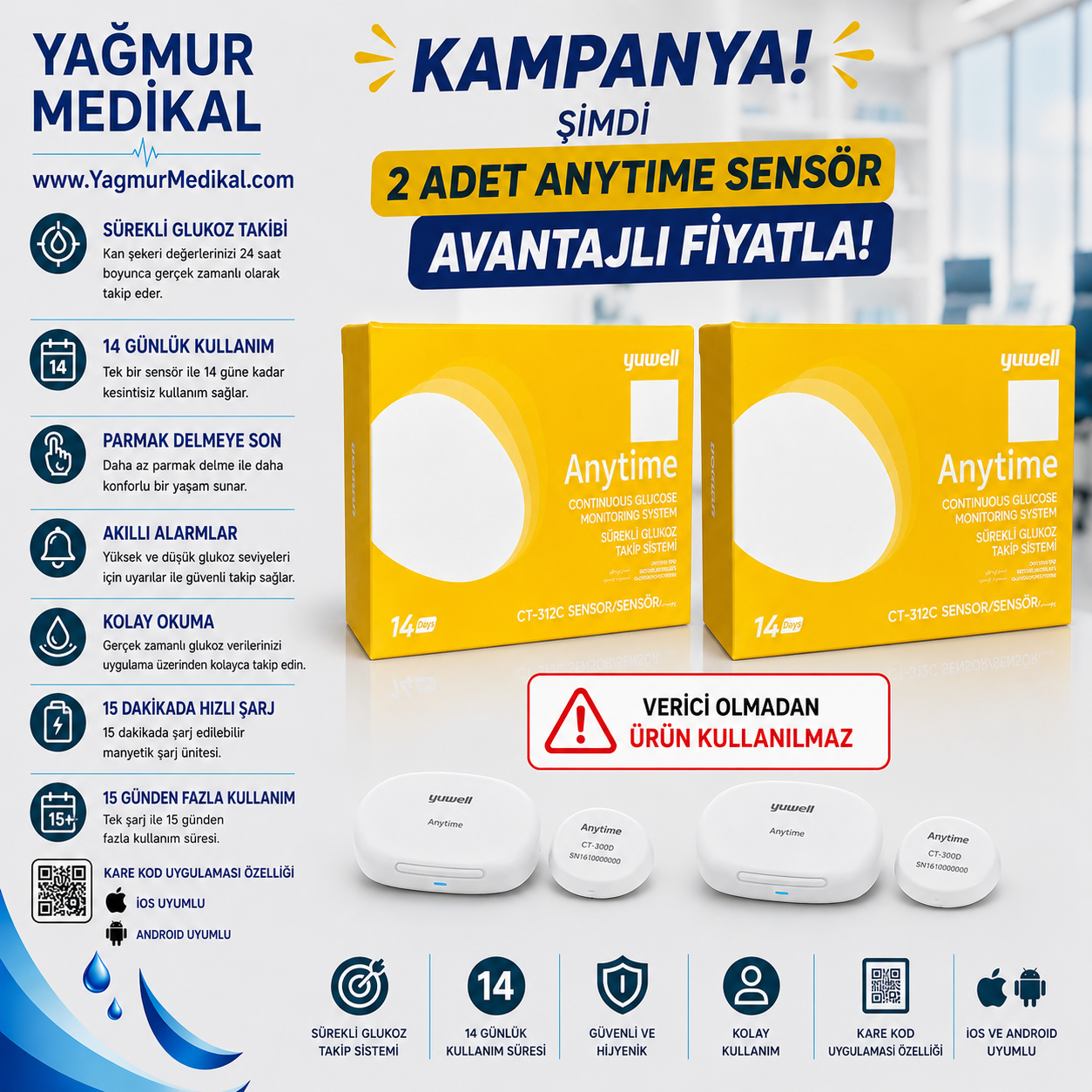 Anytime CT3 2'li Sensör Paketi – Yuwell CGM Şeker Ölçüm Sensörü